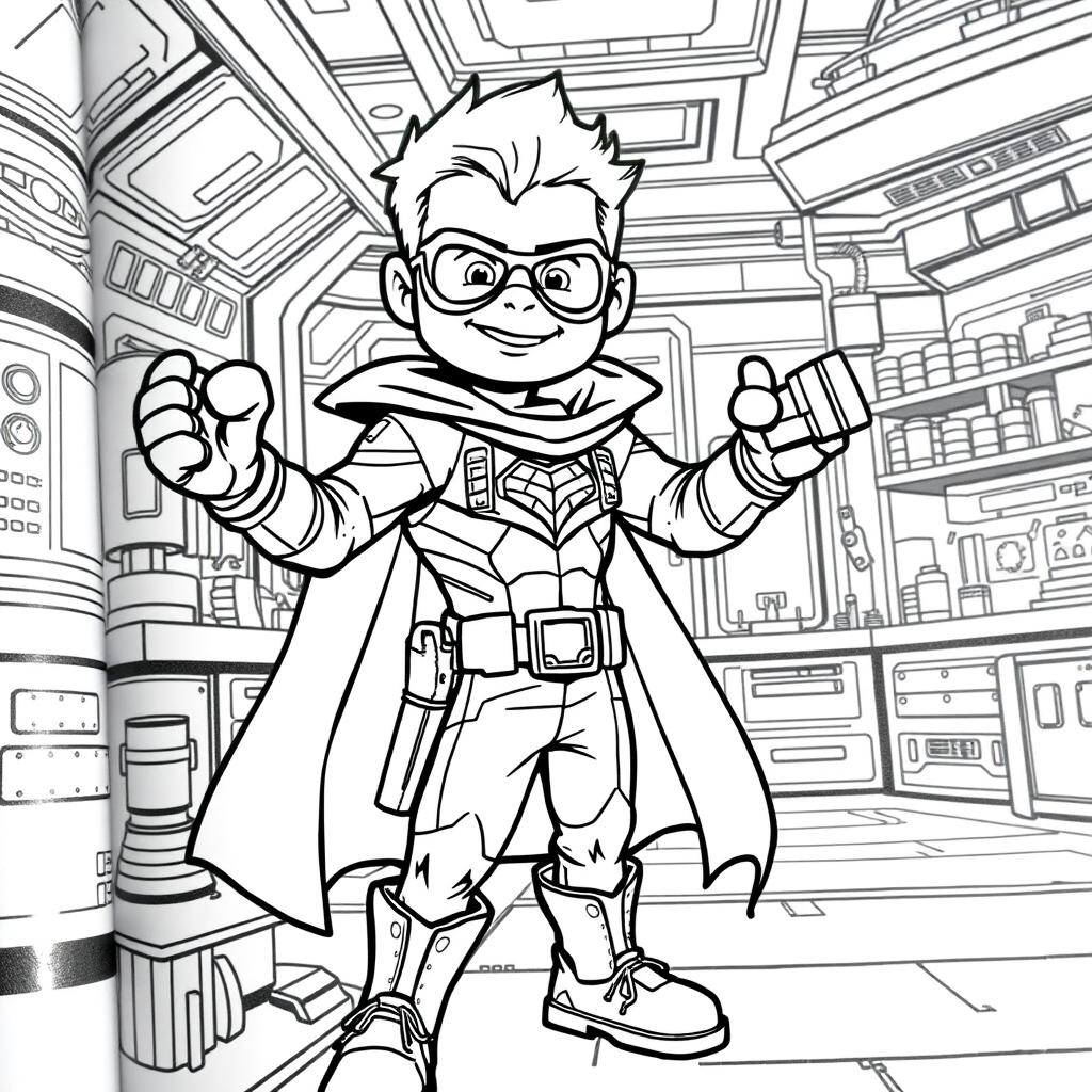 A superhero-themed colouring book page featuring a sidekick character in an enthusiastic pose, with a futuristic laboratory background