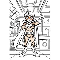 A superhero-themed colouring book page featuring a sidekick character in an enthusiastic pose, with a futuristic laboratory background