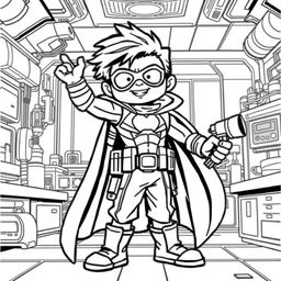 A superhero-themed colouring book page featuring a sidekick character in an enthusiastic pose, with a futuristic laboratory background