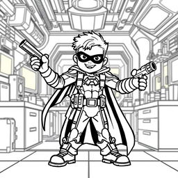 A superhero-themed colouring book page featuring a sidekick character in an enthusiastic pose, with a futuristic laboratory background