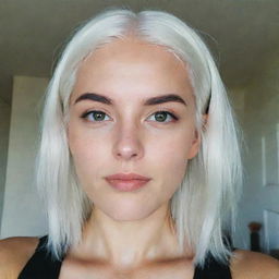 Interior selfie of a girl with white hair, swarthy skin, proportional square facial features, a small smooth nose, dimples in her cheeks, bow lips, thin cheeks and cheekbones, large black eyebrows, and smooth medium green eyes in a romantic pose, taken using a low-quality phone camera