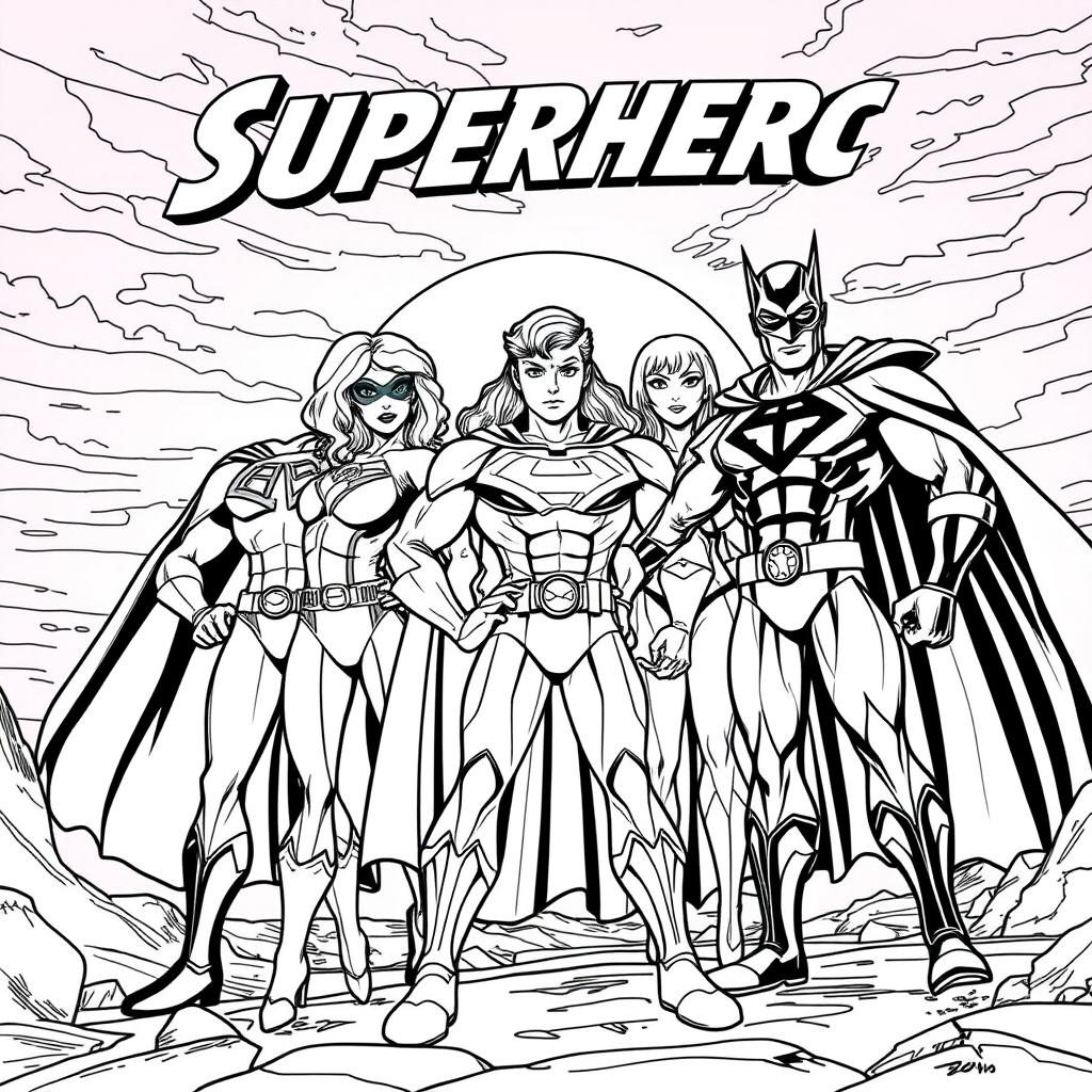 A superhero-themed colouring book page featuring a heroic team-up of multiple superheroes