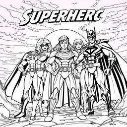 A superhero-themed colouring book page featuring a heroic team-up of multiple superheroes