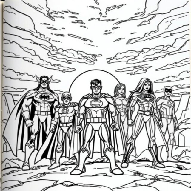 A superhero-themed colouring book page featuring a heroic team-up of multiple superheroes