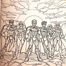 A superhero-themed colouring book page featuring a heroic team-up of multiple superheroes