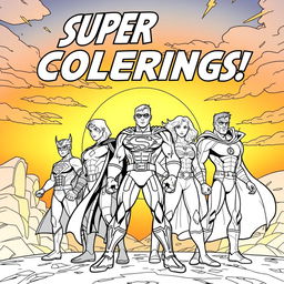 A superhero-themed colouring book page featuring a heroic team-up of multiple superheroes