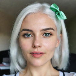 Interior selfie of a girl with white hair, swarthy skin, proportional square facial features, a small smooth nose, dimples in her cheeks, bow lips, thin cheeks and cheekbones, large black eyebrows, and smooth medium green eyes in a romantic pose, taken using a low-quality phone camera