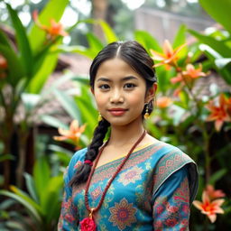 A beautiful Indonesian girl dressed in traditional attire, standing in a lush tropical setting with vibrant green foliage and exotic flowers