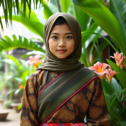 A beautiful Indonesian girl dressed in traditional attire, standing in a lush tropical setting with vibrant green foliage and exotic flowers