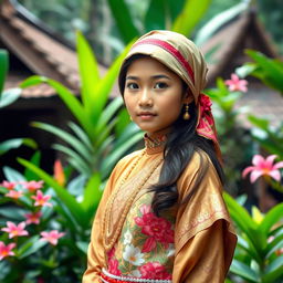 A beautiful Indonesian girl dressed in traditional attire, standing in a lush tropical setting with vibrant green foliage and exotic flowers