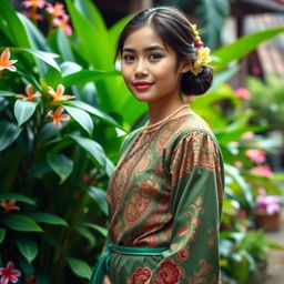 A beautiful Indonesian girl dressed in traditional attire, standing in a lush tropical setting with vibrant green foliage and exotic flowers