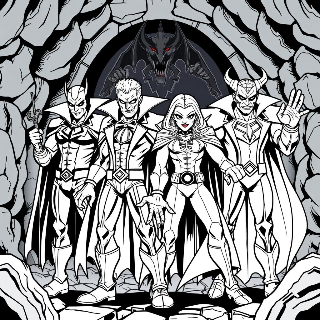 A superhero-themed colouring book page featuring four villains in a menacing pose, with a dark and eerie lair background