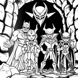 A superhero-themed colouring book page featuring four villains in a menacing pose, with a dark and eerie lair background