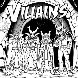 A superhero-themed colouring book page featuring four villains in a menacing pose, with a dark and eerie lair background