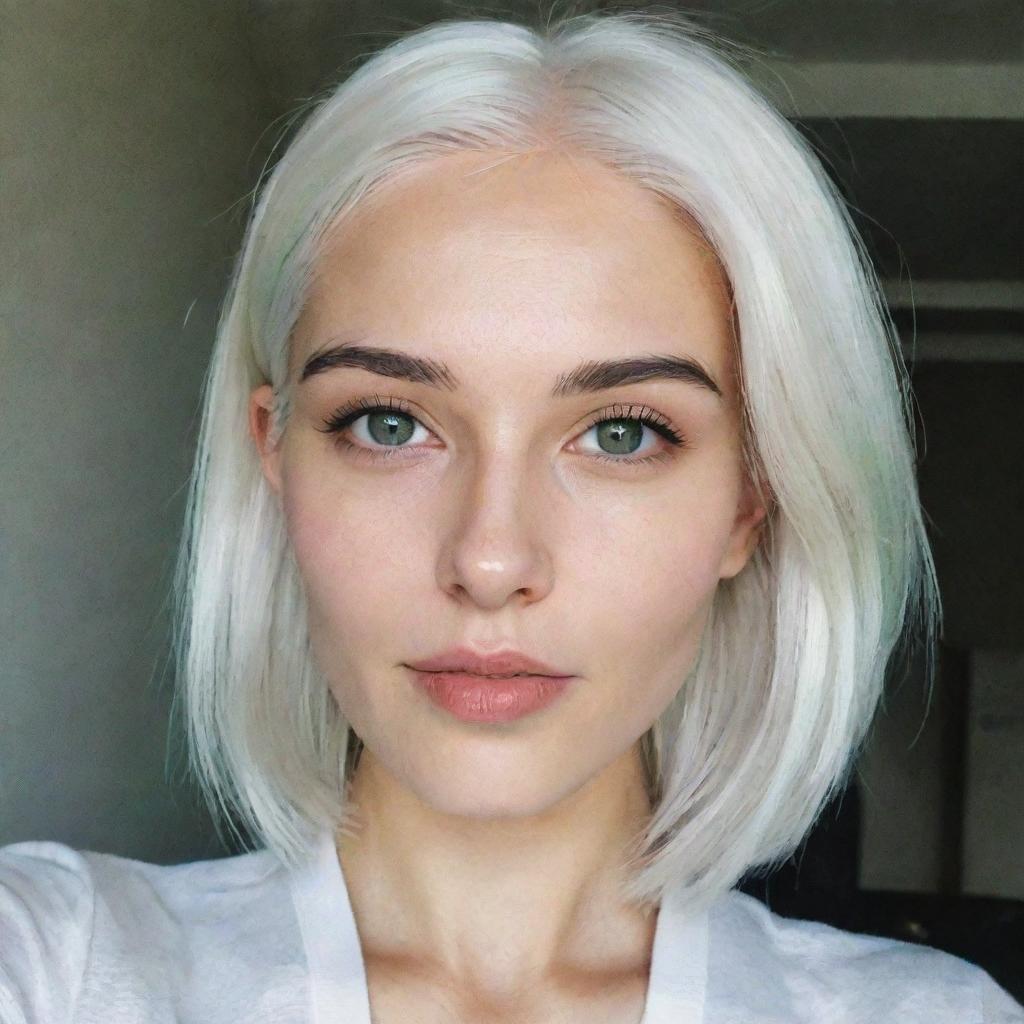 Interior selfie of a girl with white hair, swarthy skin and proportional long square facial features; a small smooth nose; cheek dimples; bow lips; thin cheeks and cheekbones; large black eyebrows; and smooth medium green eyes in a romantic pose, taken using a low-quality phone camera