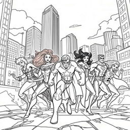 A superhero-themed colouring book page featuring a diverse group of heroes in dynamic action poses, showcasing their unique powers and abilities