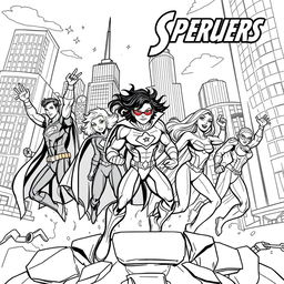 A superhero-themed colouring book page featuring a diverse group of heroes in dynamic action poses, showcasing their unique powers and abilities