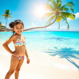 A young Indonesian girl wearing a bikini, standing on a beautiful tropical beach with clear blue waters and white sandy shores