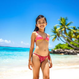 A young Indonesian girl wearing a bikini, standing on a beautiful tropical beach with clear blue waters and white sandy shores