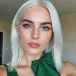 Interior selfie of a girl with white hair, swarthy skin and proportional long square facial features; a small smooth nose; cheek dimples; bow lips; thin cheeks and cheekbones; large black eyebrows; and smooth medium green eyes in a romantic pose, taken using a low-quality phone camera