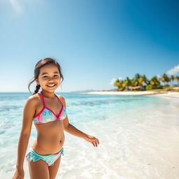 A young Indonesian girl wearing a bikini, standing on a beautiful tropical beach with clear blue waters and white sandy shores