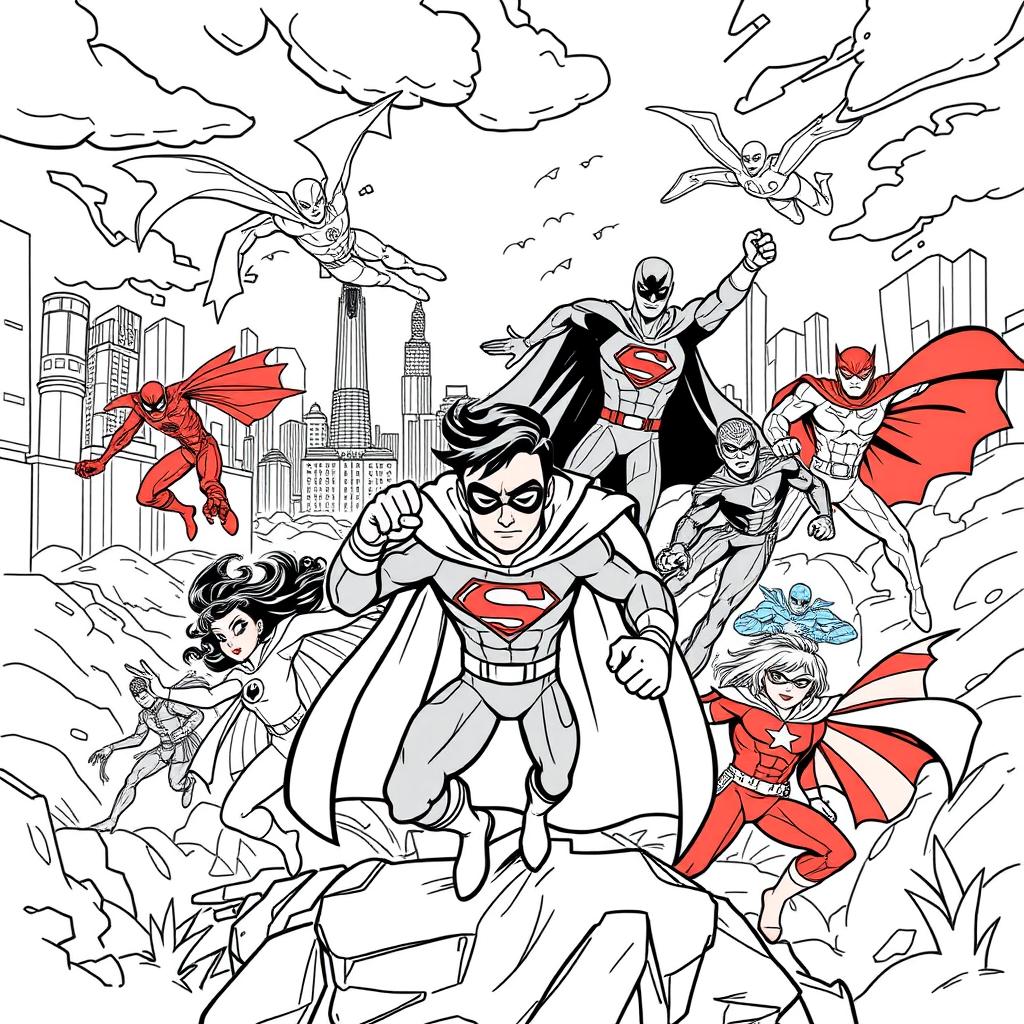 Create a series of 10 superhero-themed colouring book pages