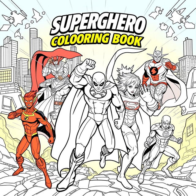 Create a series of 10 superhero-themed colouring book pages