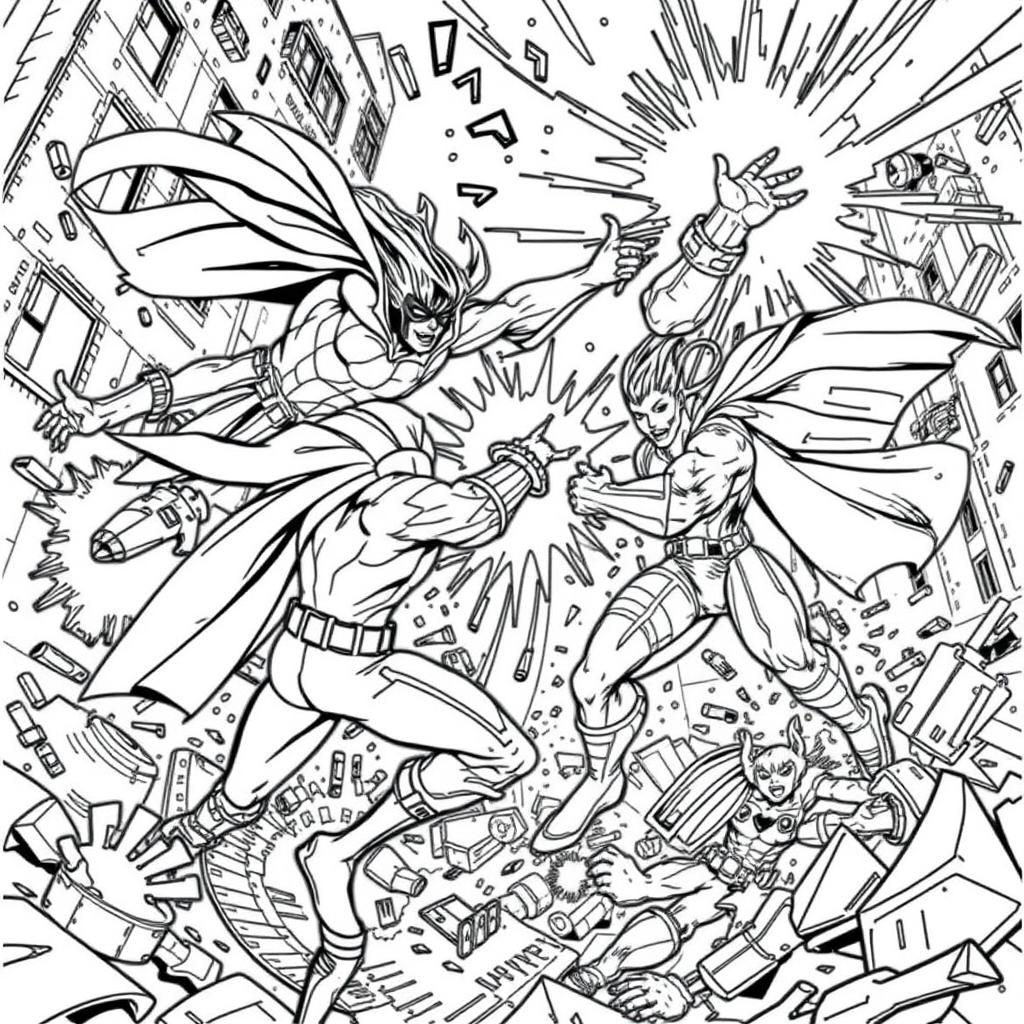 A superhero-themed colouring book page featuring an epic fight scene between heroes and villains