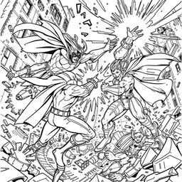 A superhero-themed colouring book page featuring an epic fight scene between heroes and villains