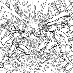 A superhero-themed colouring book page featuring an epic fight scene between heroes and villains