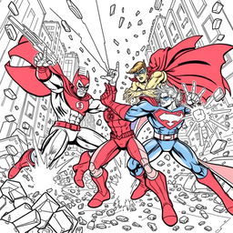 A superhero-themed colouring book page featuring an epic fight scene between heroes and villains