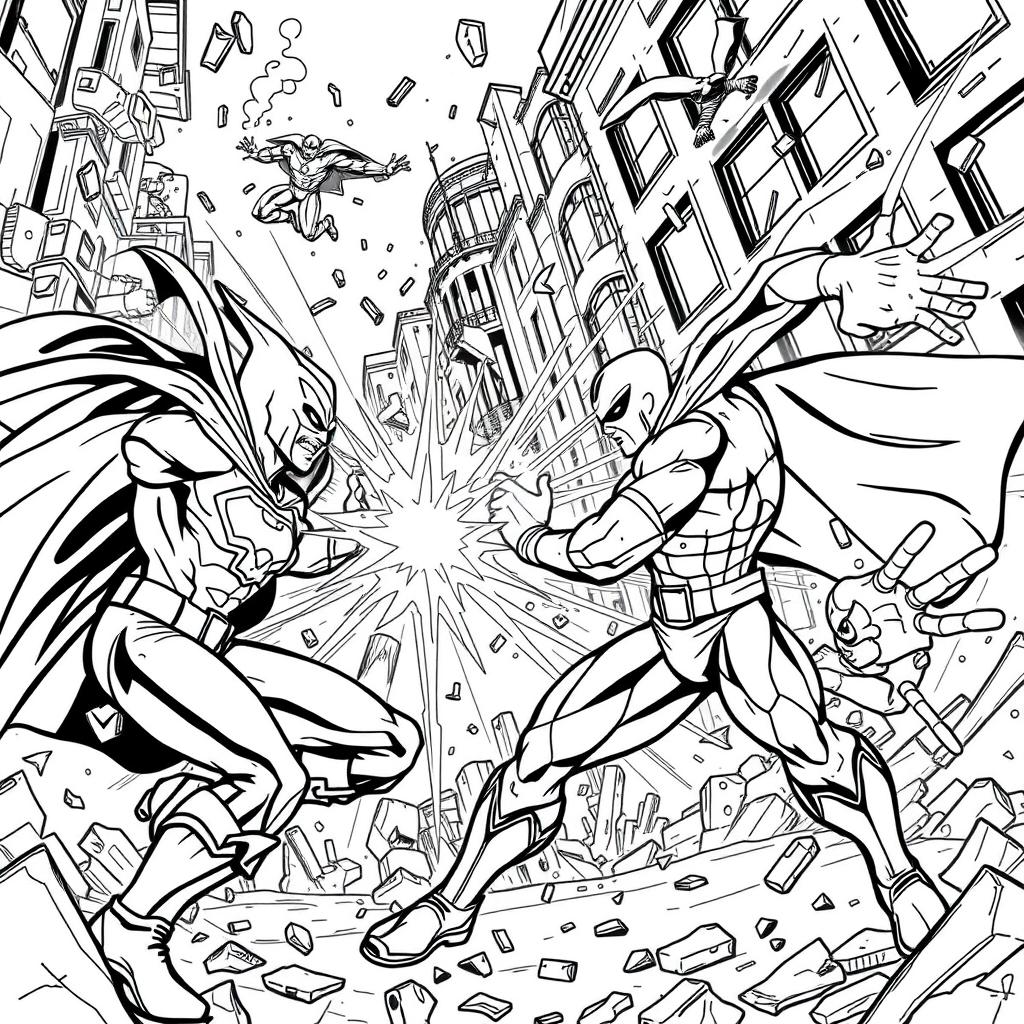 A superhero-themed colouring book page featuring an epic fight scene between heroes and villains