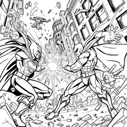 A superhero-themed colouring book page featuring an epic fight scene between heroes and villains