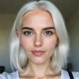 Interior selfie of a girl with white hair, swarthy skin and proportional long square facial features; a small smooth nose; cheek dimples; bow lips; thin cheeks and cheekbones; large black eyebrows; and smooth medium green eyes in a romantic pose, taken using a low-quality phone camera