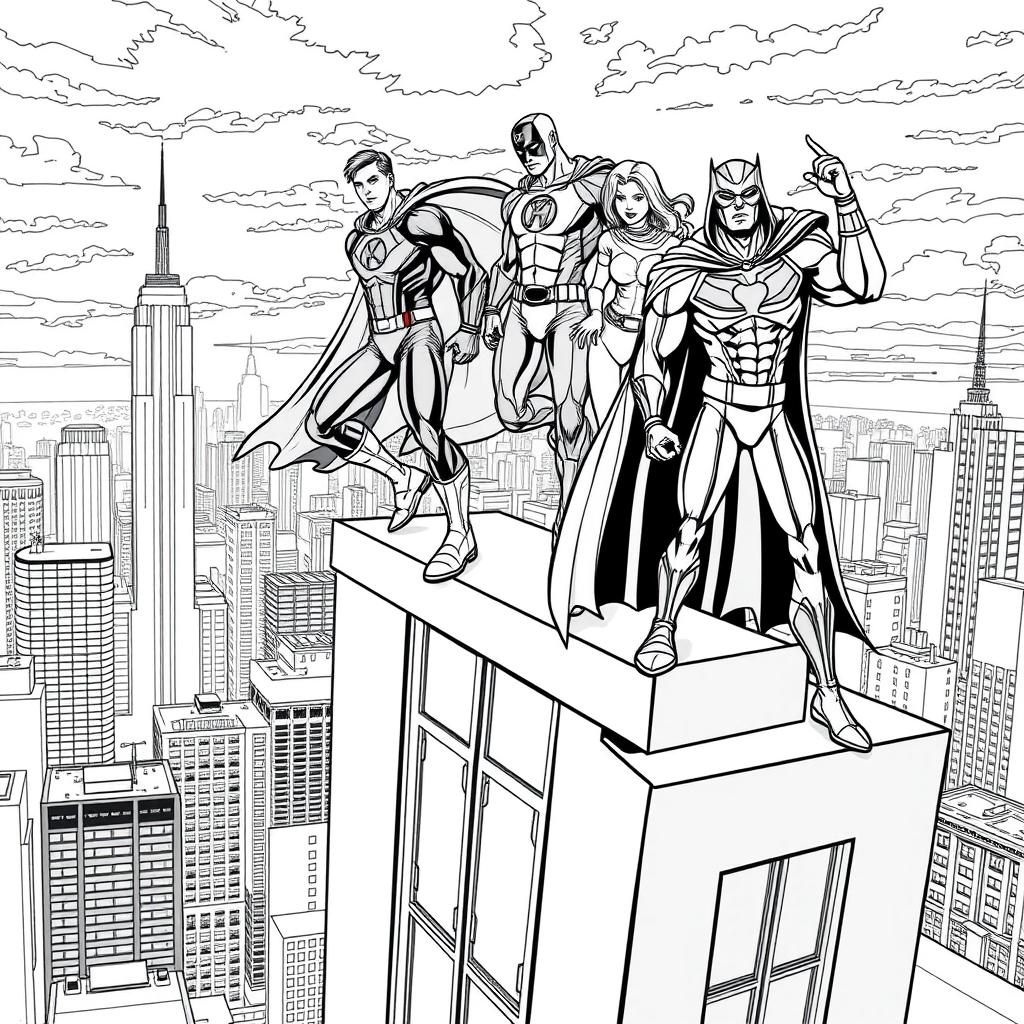 A superhero-themed colouring book page featuring heroes on top of a high-rise building