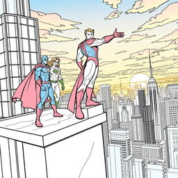 A superhero-themed colouring book page featuring heroes on top of a high-rise building