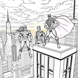 A superhero-themed colouring book page featuring heroes on top of a high-rise building