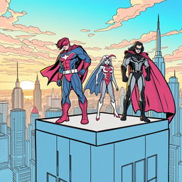 A superhero-themed colouring book page featuring heroes on top of a high-rise building