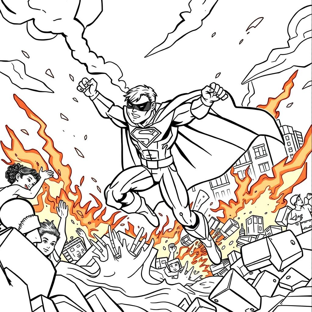 A superhero-themed colouring book page featuring a hero rescuing civilians from a natural disaster