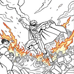 A superhero-themed colouring book page featuring a hero rescuing civilians from a natural disaster