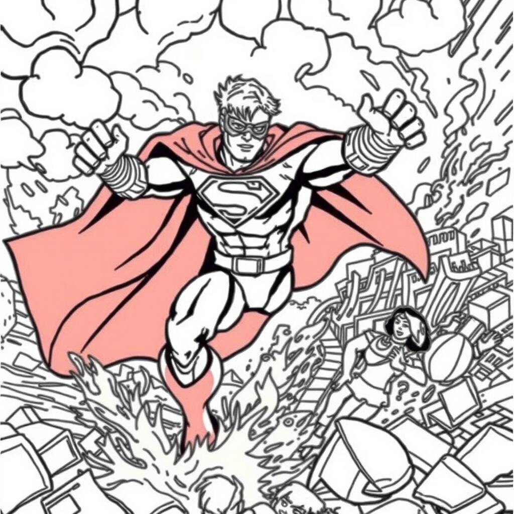 A superhero-themed colouring book page featuring a hero rescuing civilians from a natural disaster