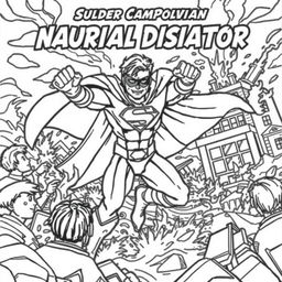 A superhero-themed colouring book page featuring a hero rescuing civilians from a natural disaster