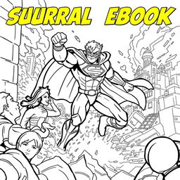 A superhero-themed colouring book page featuring a hero rescuing civilians from a natural disaster