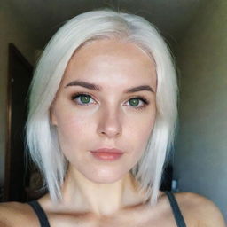 Interior selfie of a girl with white hair, swarthy skin and proportional long square facial features; a small smooth nose; cheek dimples; bow lips; thin cheeks and cheekbones; large black eyebrows; and smooth medium green eyes in a romantic pose, taken using a low-quality phone camera