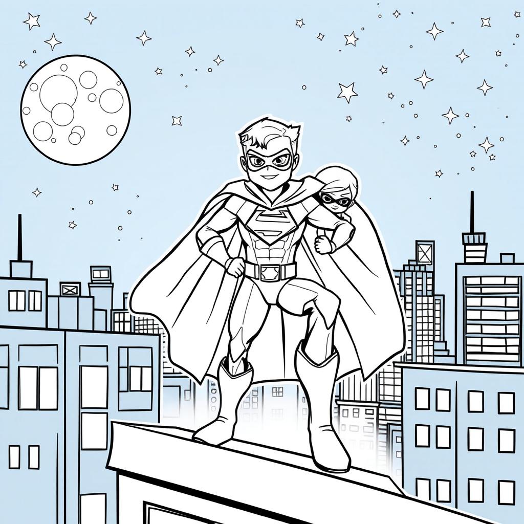 A superhero-themed colouring book page featuring a hero and their sidekick patrolling the city at night