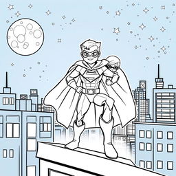 A superhero-themed colouring book page featuring a hero and their sidekick patrolling the city at night