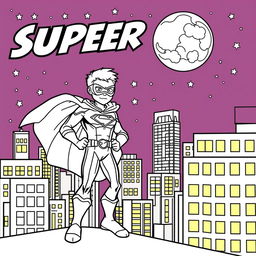 A superhero-themed colouring book page featuring a hero and their sidekick patrolling the city at night