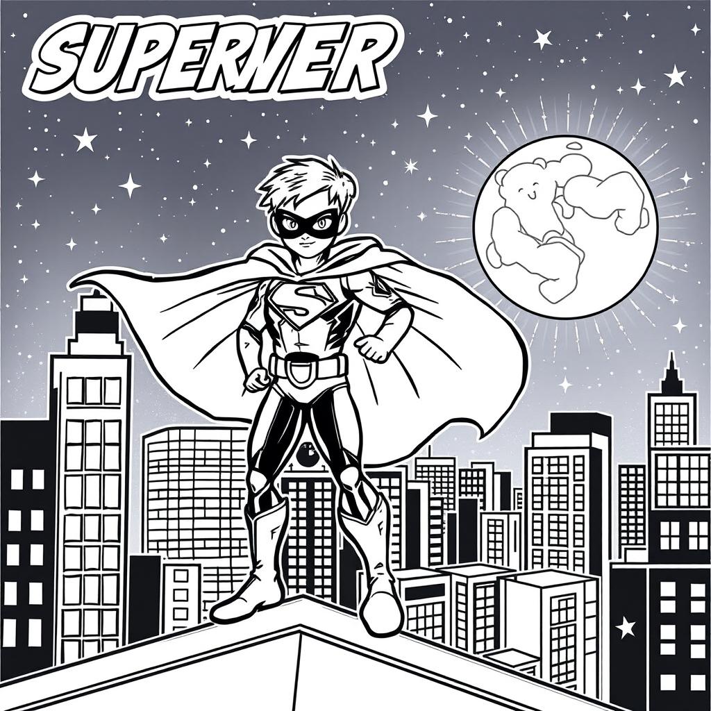 A superhero-themed colouring book page featuring a hero and their sidekick patrolling the city at night