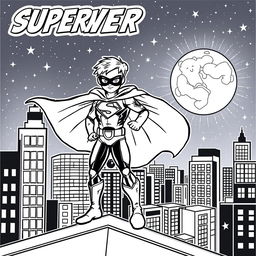 A superhero-themed colouring book page featuring a hero and their sidekick patrolling the city at night