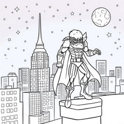 A superhero-themed colouring book page featuring a hero and their sidekick patrolling the city at night